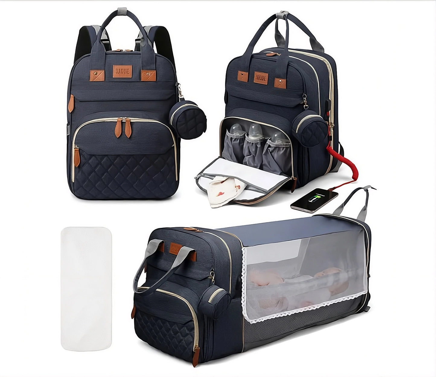 3-in-1 Diaper Bag Backpack, Foldable Baby Bed, Waterproof Travel Bag with USB Charging Port, Diaper Bag Backpack with Changing Bed, 3 Styles