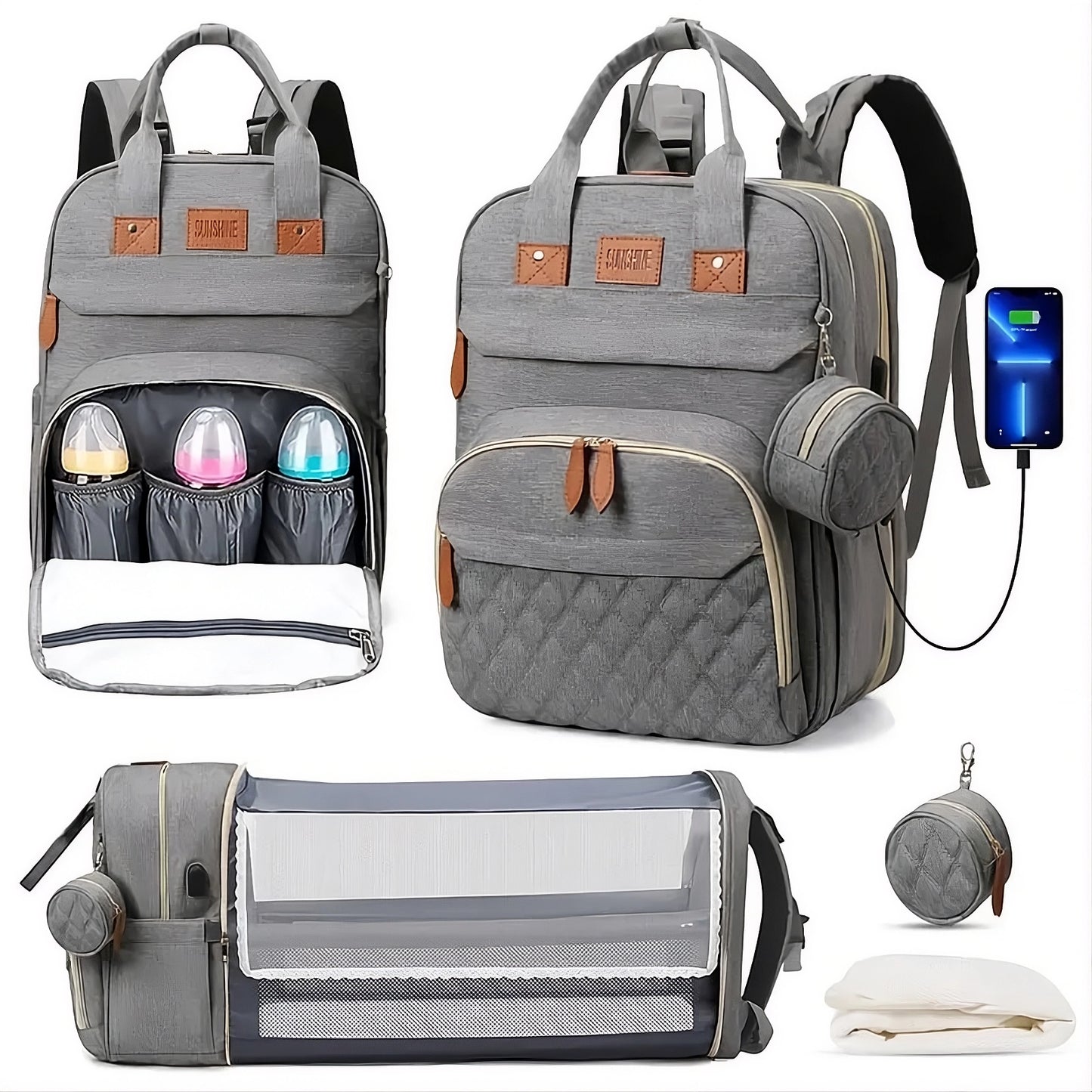 3-in-1 Diaper Bag Backpack, Foldable Baby Bed, Waterproof Travel Bag with USB Charging Port, Diaper Bag Backpack with Changing Bed, 3 Styles