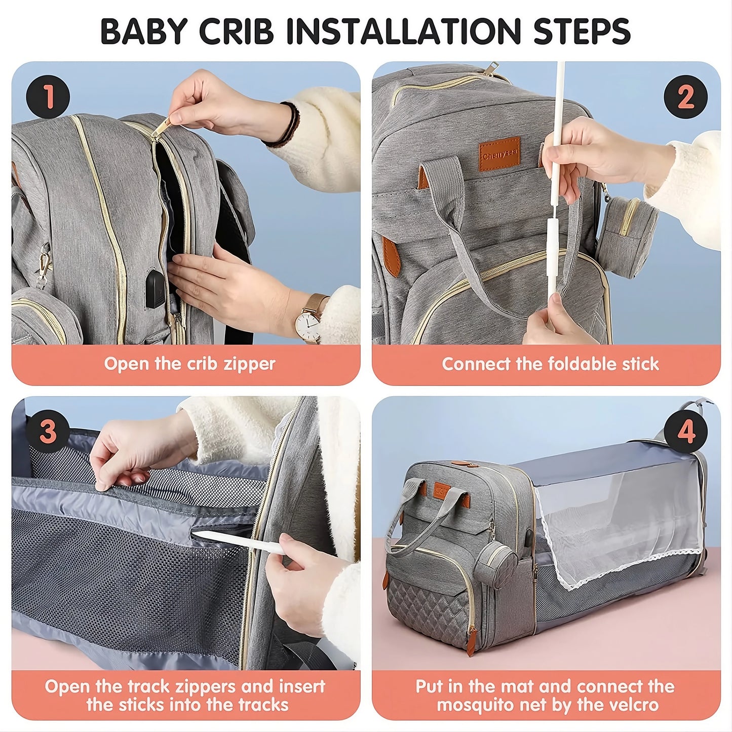 3-in-1 Diaper Bag Backpack, Foldable Baby Bed, Waterproof Travel Bag with USB Charging Port, Diaper Bag Backpack with Changing Bed, 3 Styles