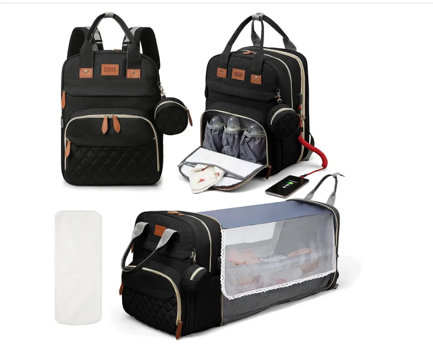 3-in-1 Diaper Bag Backpack, Foldable Baby Bed, Waterproof Travel Bag with USB Charging Port, Diaper Bag Backpack with Changing Bed, 3 Styles