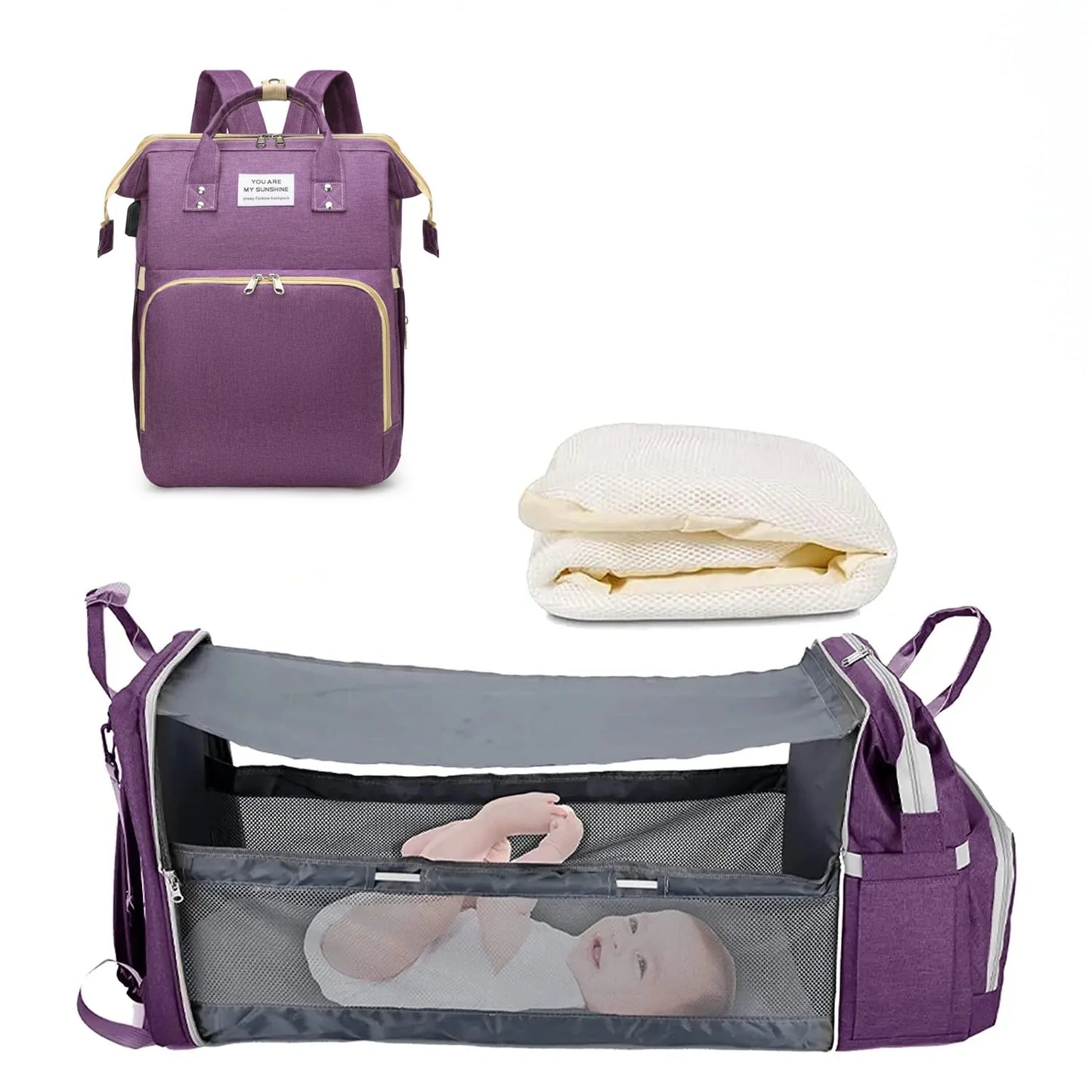 3-in-1 Diaper Bag Backpack, Foldable Baby Bed, Waterproof Travel Bag with USB Charging Port, Diaper Bag Backpack with Changing Bed, 3 Styles