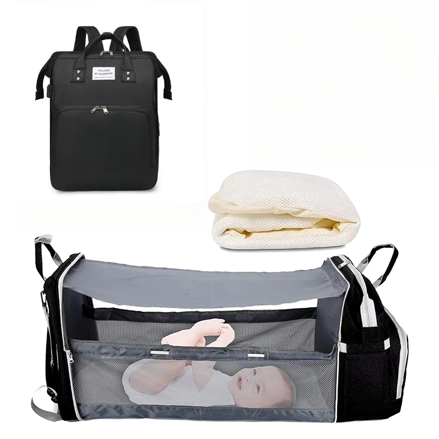 3-in-1 Diaper Bag Backpack, Foldable Baby Bed, Waterproof Travel Bag with USB Charging Port, Diaper Bag Backpack with Changing Bed, 3 Styles